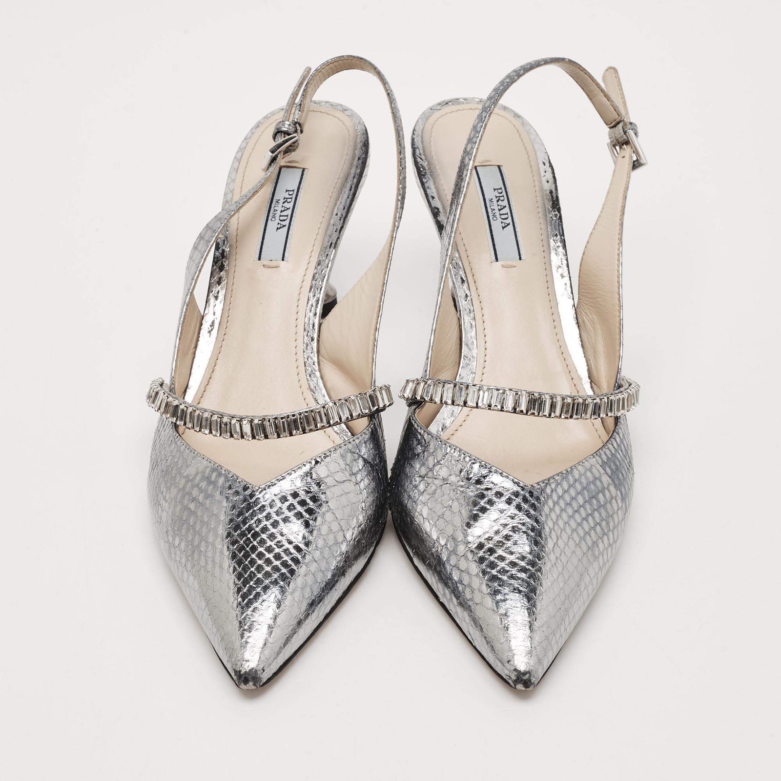 Prada Size 39 Metallic Silver Snakeskin Embossed Leather Crystal Embellished