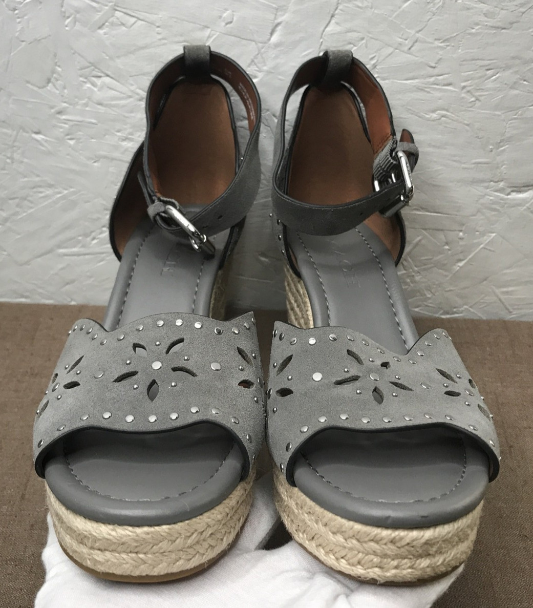 Coach Kelsi Wedge Women’s Espadrille Sandals Size 7B Gray Suede Studded 3.75″