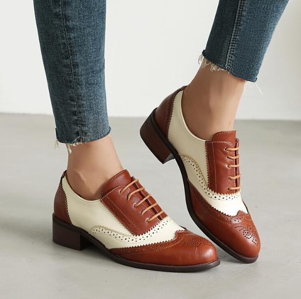 Brogue Shoes Patchwork Two Tone Color Matching Women’s Lace Up Carved College SZ
