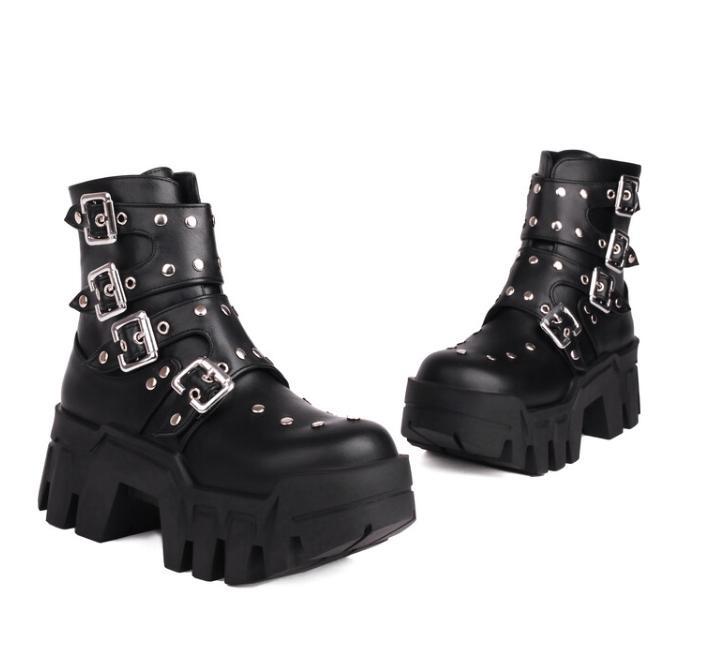 Rivets Ankle Boots Mid Heel Studded Gothic Thick Sole Womens Platform Shoes Punk