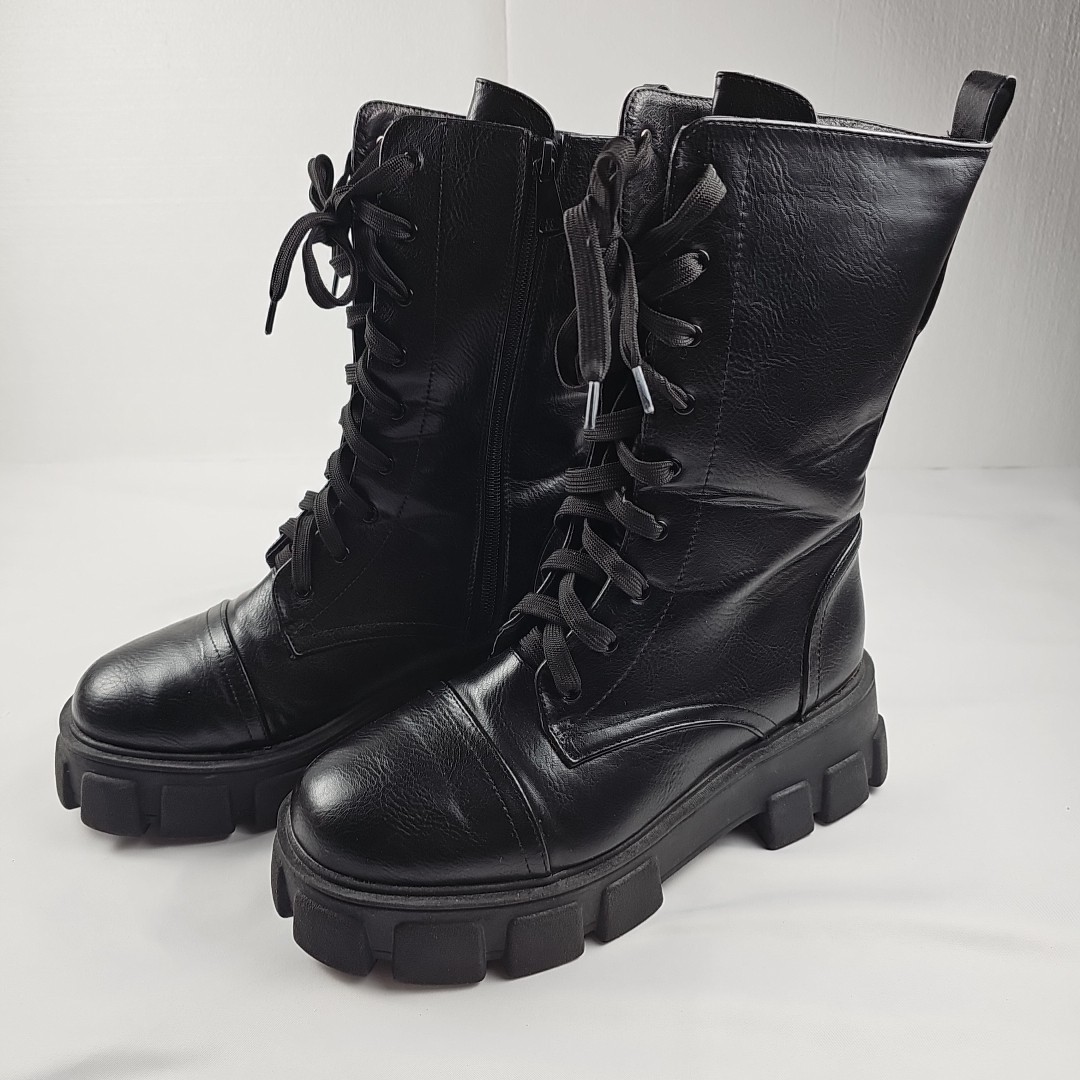 Public Desire Zip Up Lace Boots Black Size US7 2.5 In Heels 11 in High