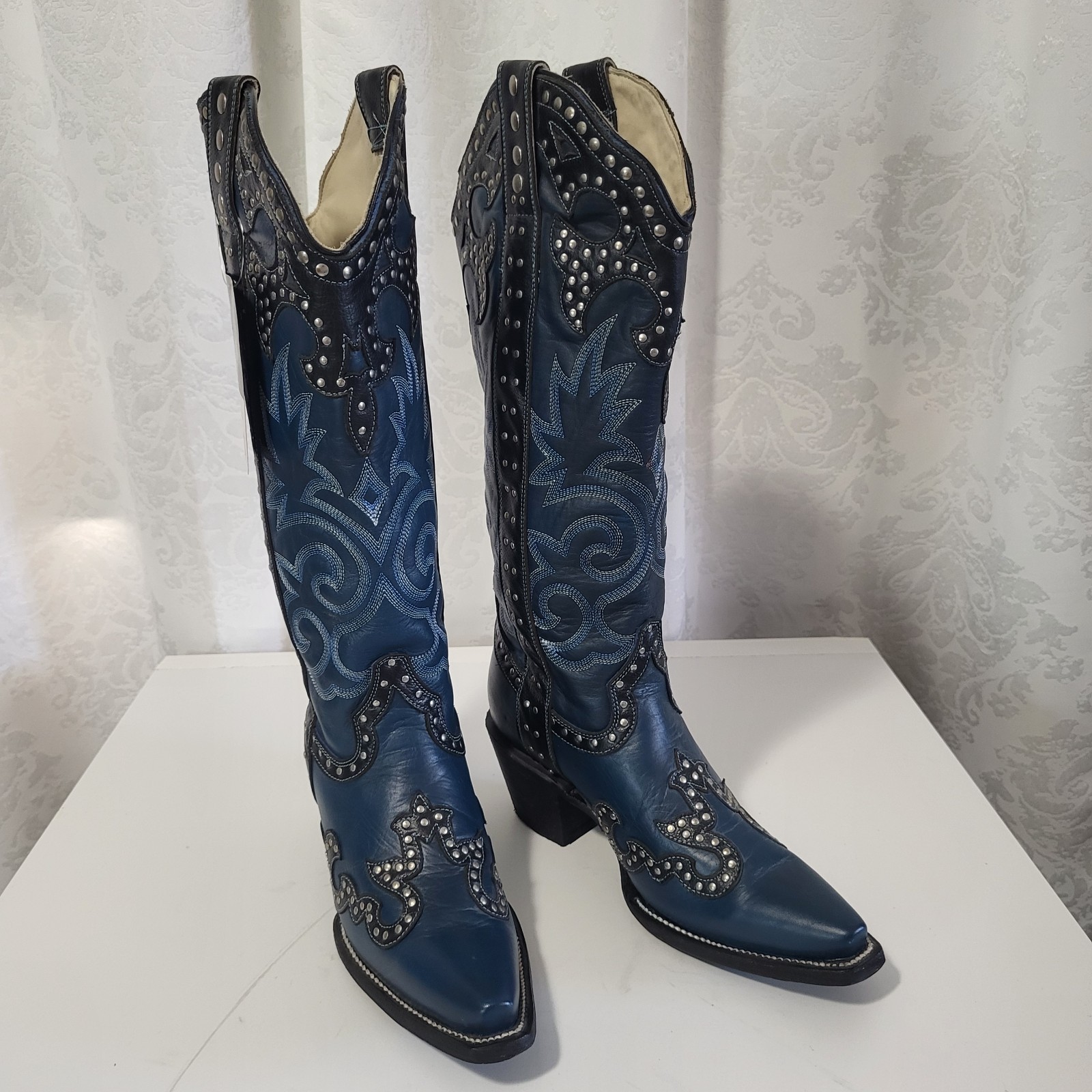 JB Dillon Reserve Women’s Studded Stitched Cowboy Western Leather Boots SZ 8B Bl