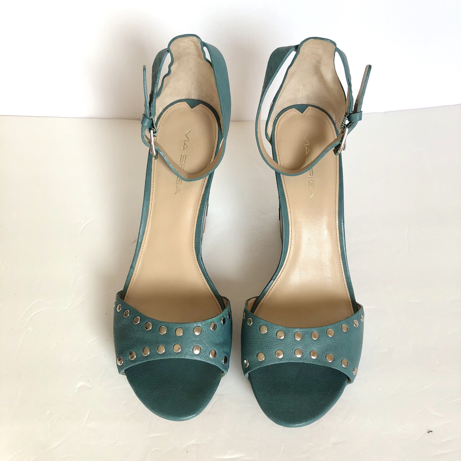 Via Spiga Mercato Turquoise Leather Studded Wedge Sandals Size 10 M