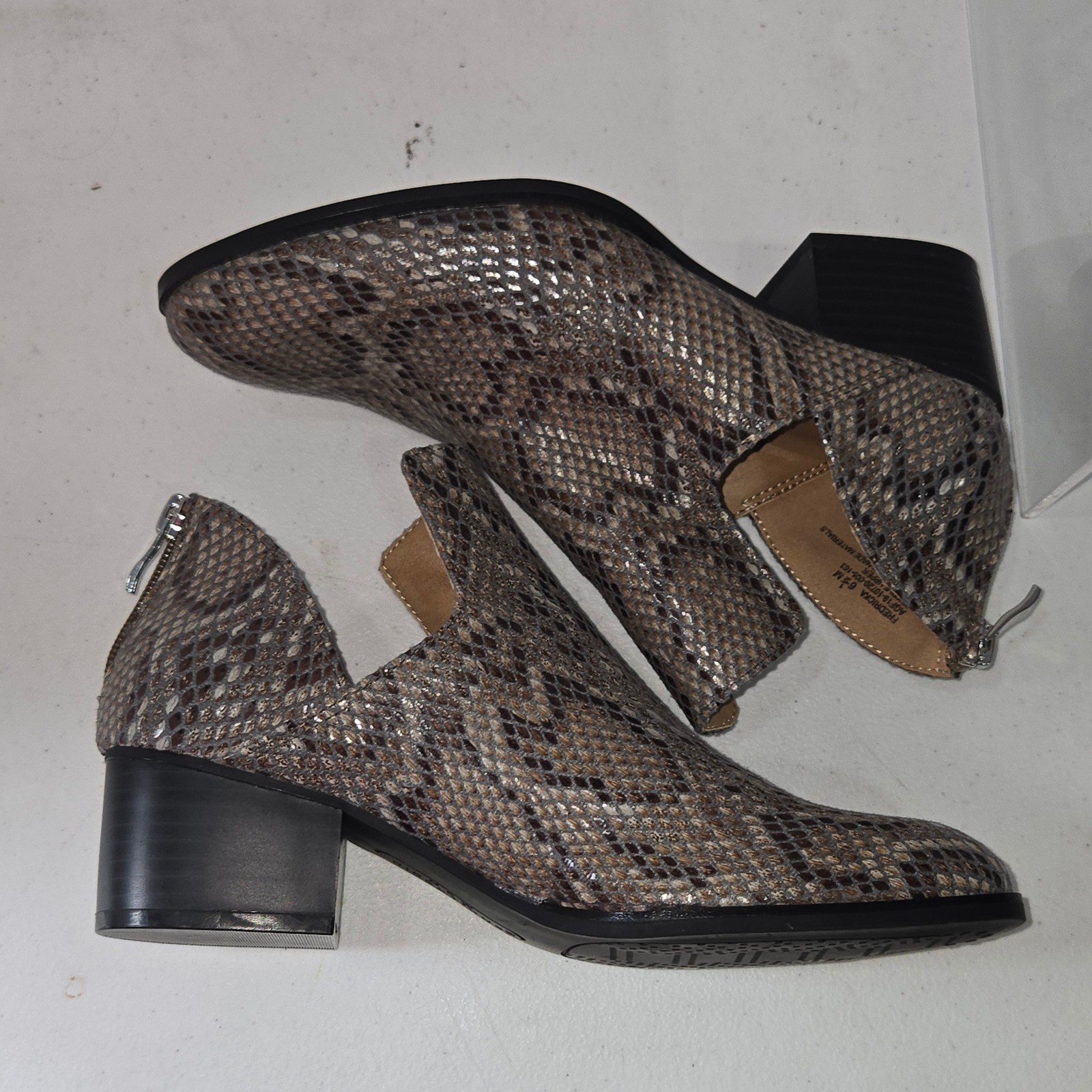 New Directions Fredricka Snake Print Ankle Booties Womens 6.5M Brown Gray Cutout