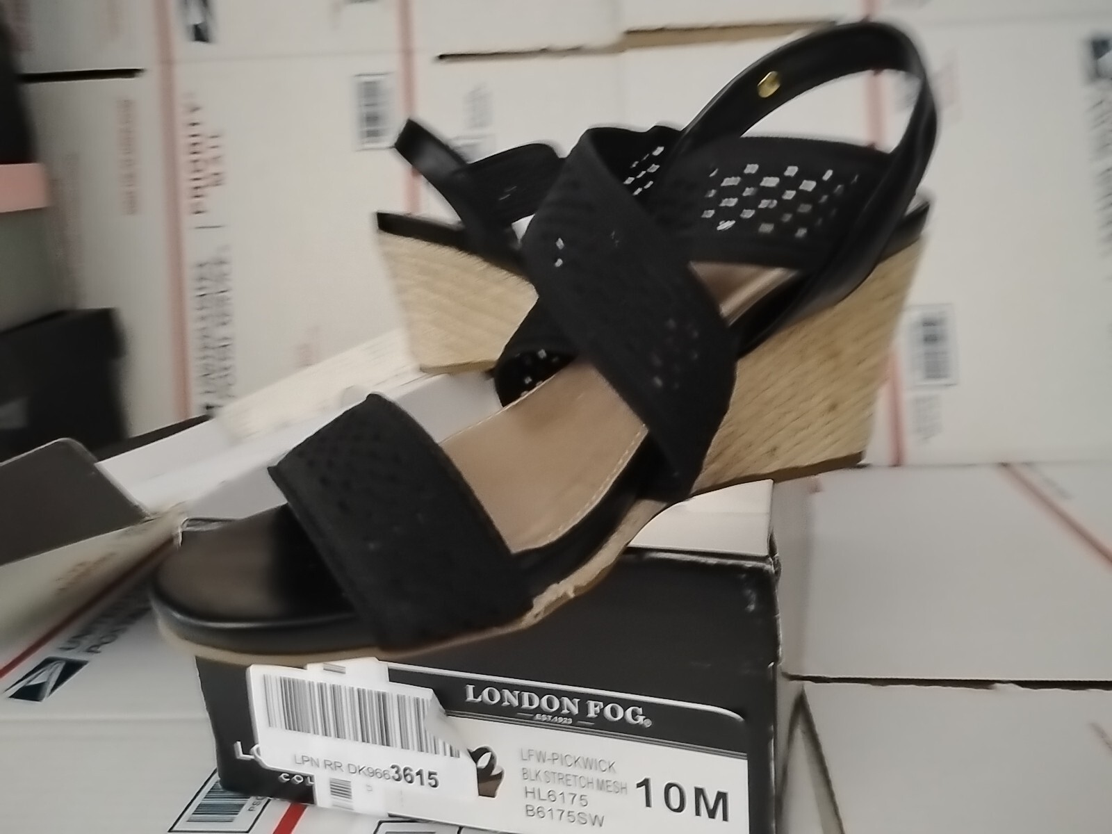 “London Fog” size 10 M , Woven Textile Sandals Pickwick BLACK Wedge Heel #00t