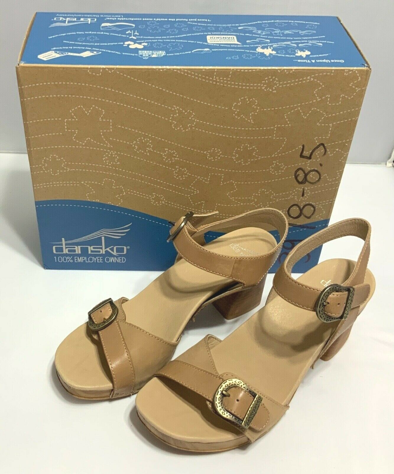 Dansko Anna Burmished Calf Leather Sandal Ankle Strap Block Tan 37 38 39 40 41