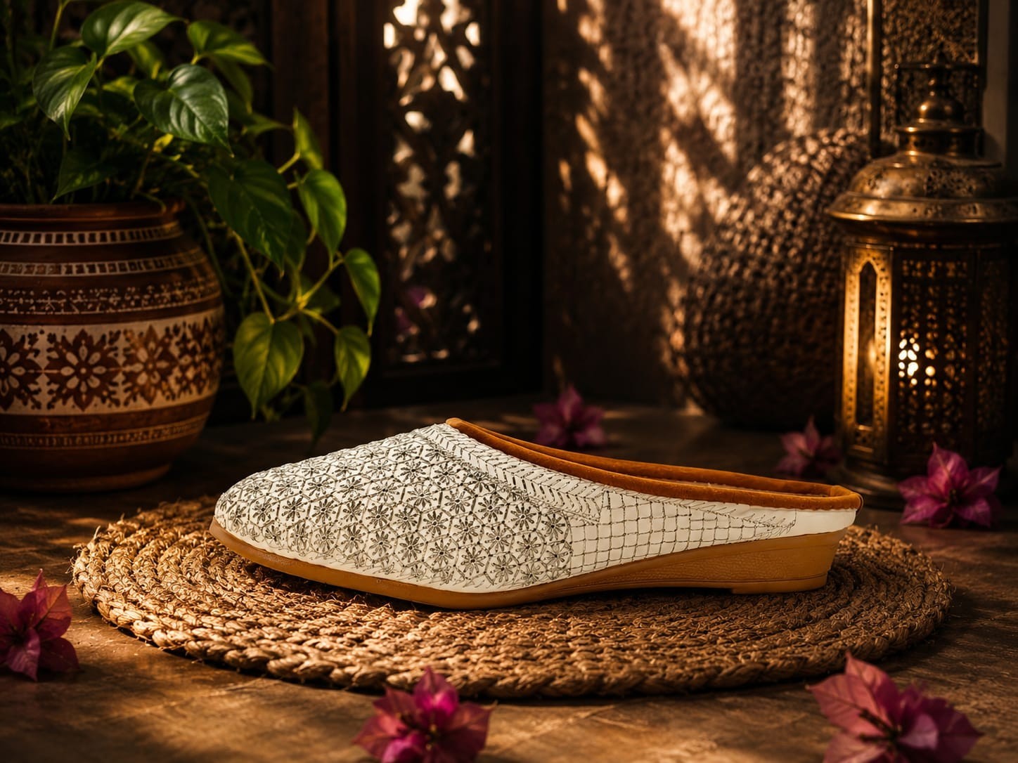 Women’s White Floral Embroidered Boho Mule Flats Slip On Ethnic Jutti Shoes