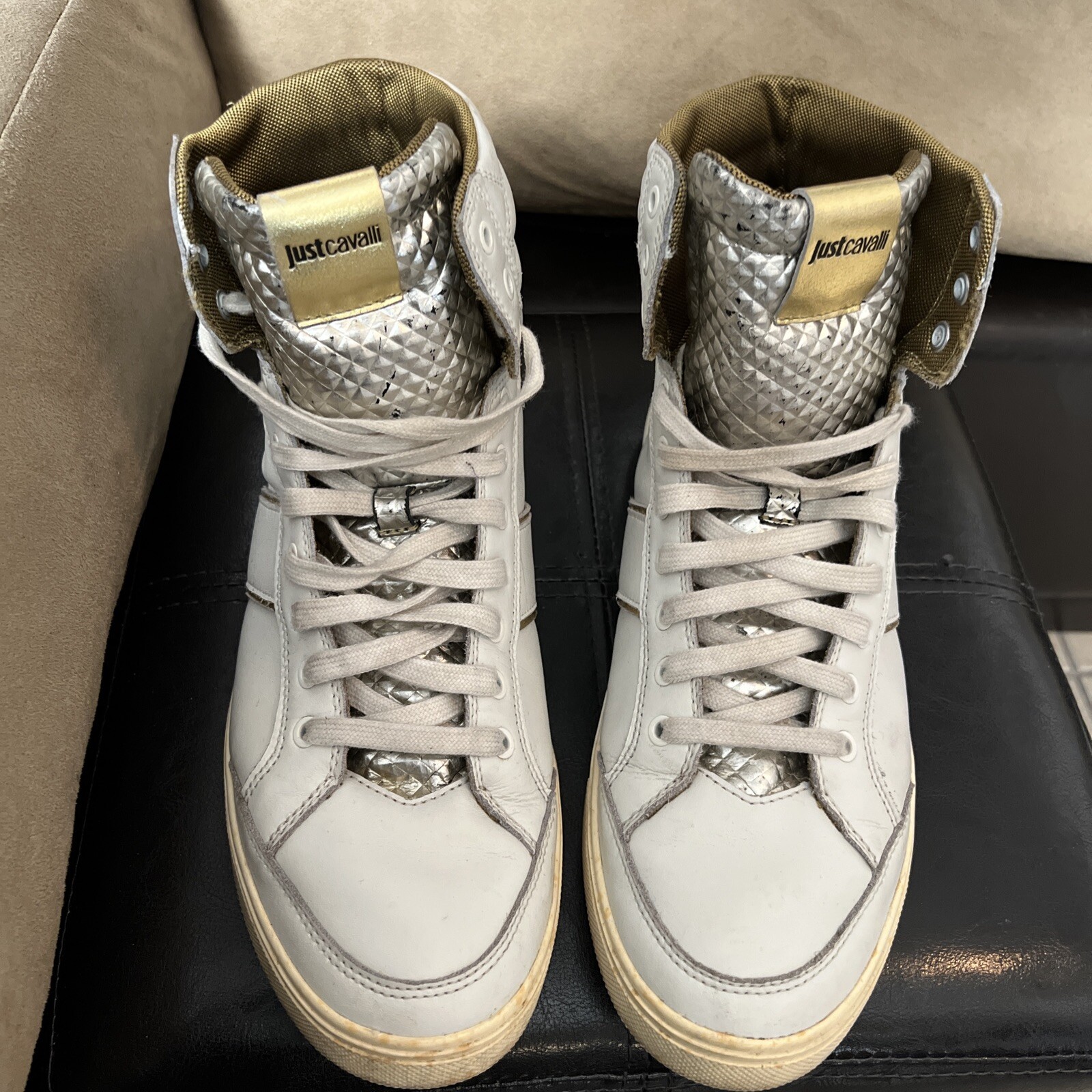 Womens Just Cavalli high top sneakers, size 8.5 US EU 41. Silver Color bit Off