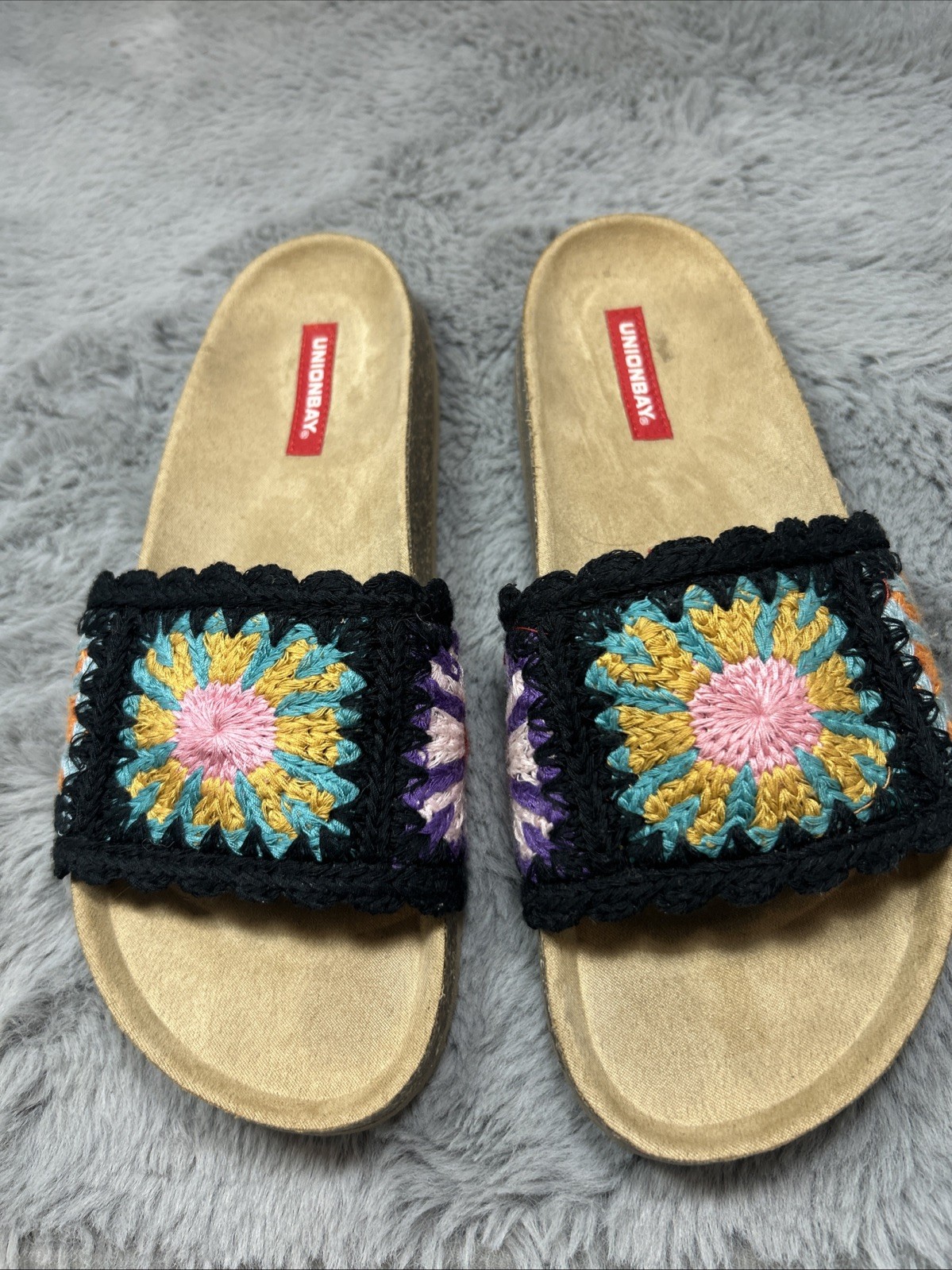Unionbay Womens Size 8.5 Crochet Espadrille Boho Slip On Slide Dopamine Festival