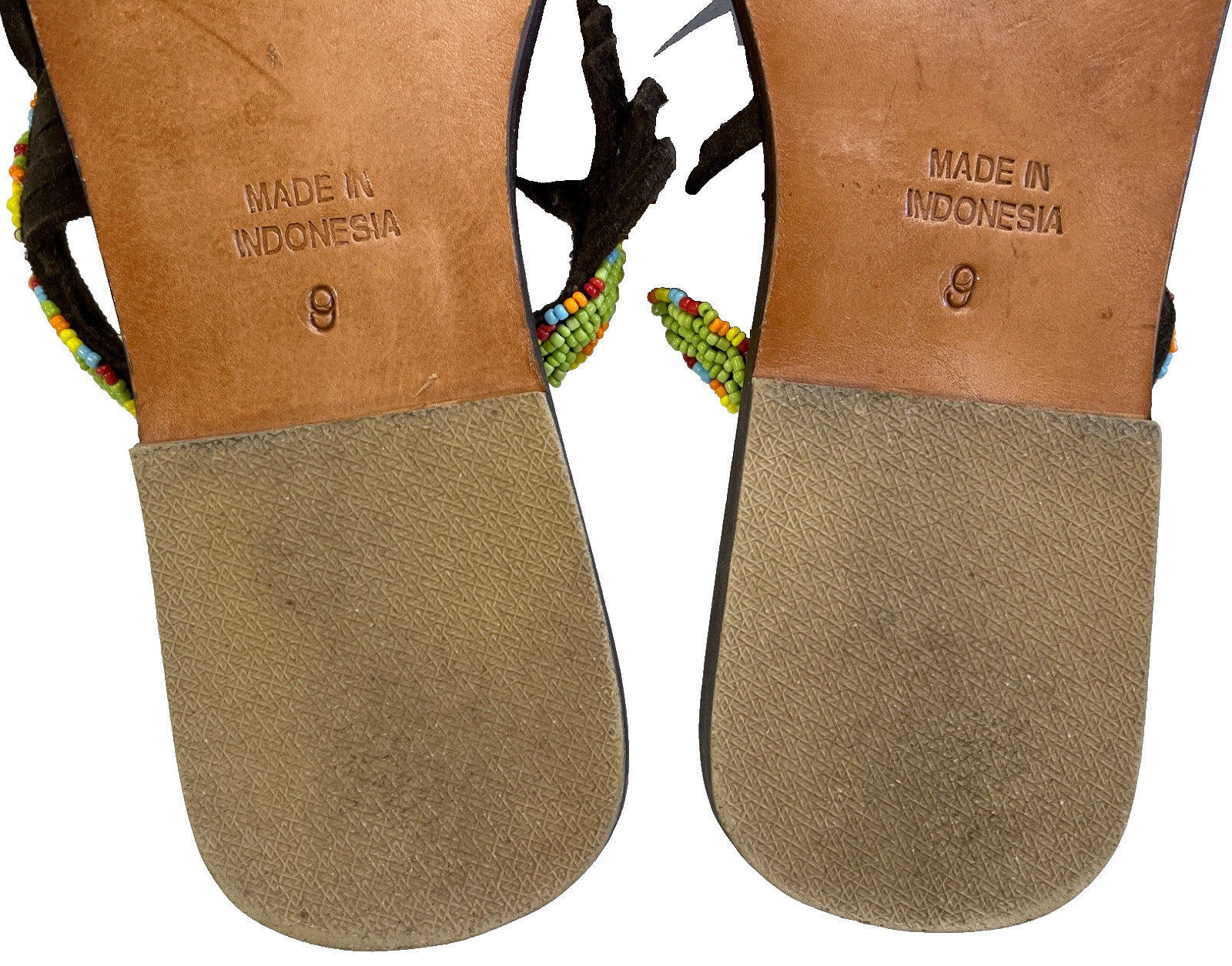 MYSTIQUE Handmade Beaded Suede Leather Fringe Thong Sandal 9 fits 8 Brown $240