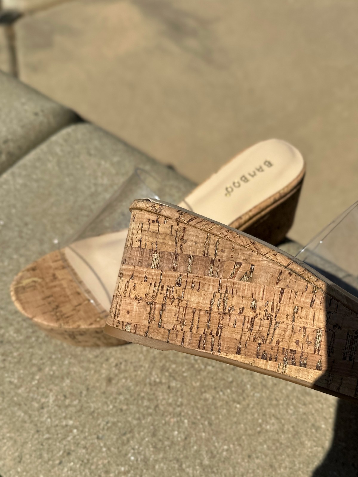 NEW Transparent Clear Open Toe Cork Platform Med Wedge Heel Slide Sandals Mules