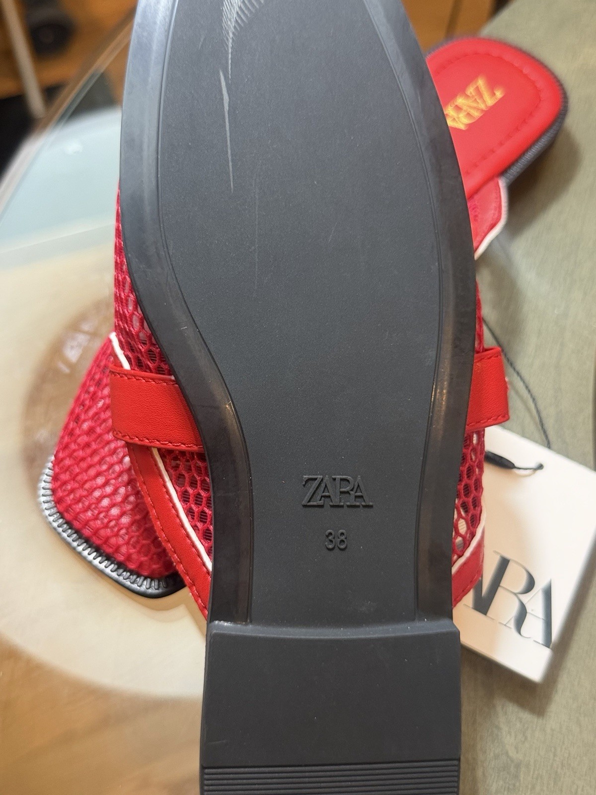 Zara Women’s Red Square Toe Mule Heels Synthetic Upper Buckle EU 38