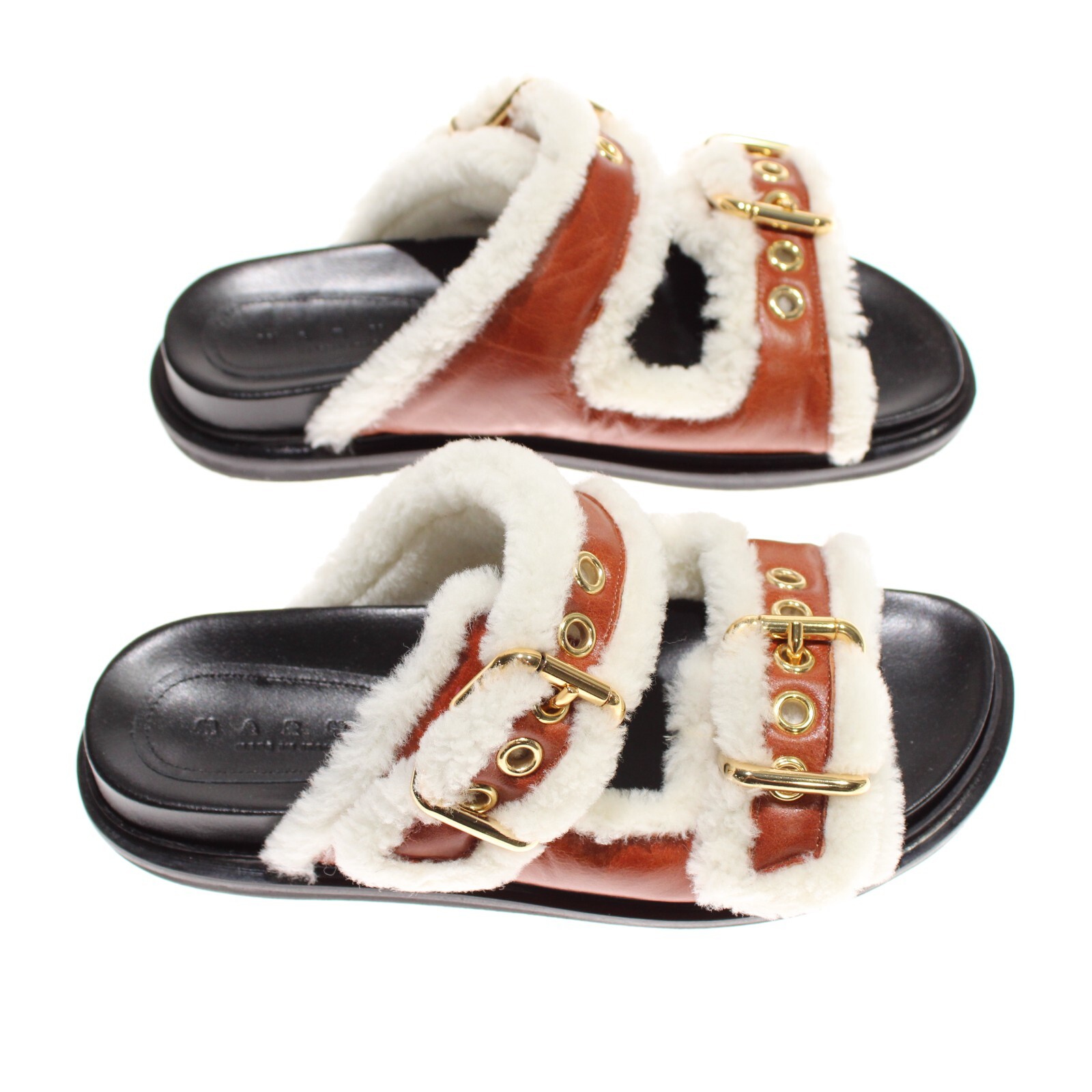 Marni NWB Fussbett Buckle Shearling Sandals Size 37.5 US 7.5 Brown/White/Gold