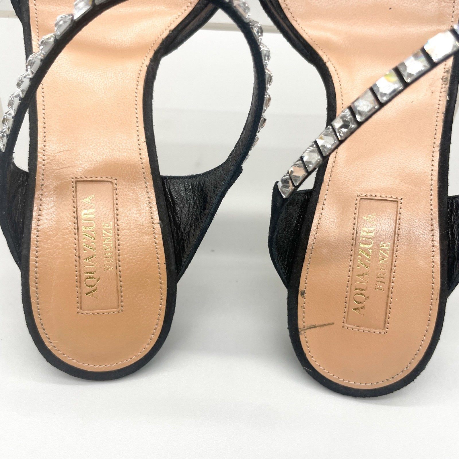 Aquazzura Diamante 75 Black Suede Crystal Sandals Mules Womens 37.5 Wedding Glam