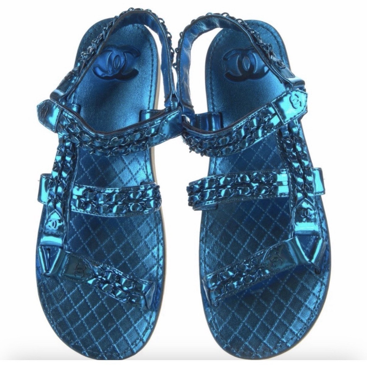 CHANEL Women’s Blue Leather Strappy Flat Sandals Hook & Loop Logo Size 10