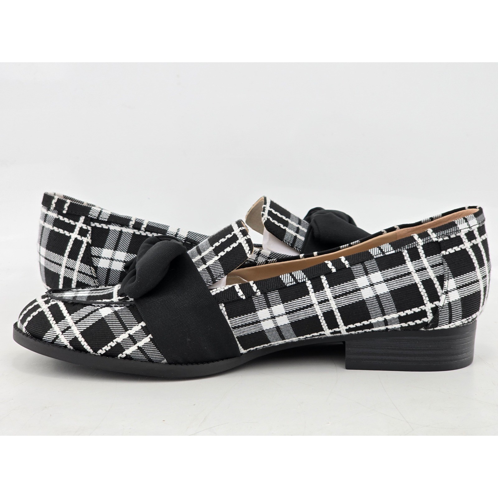 Bandolino Lindio Loafers Womens 9M Black White Plaid Bow Slip On Shoes -VGF