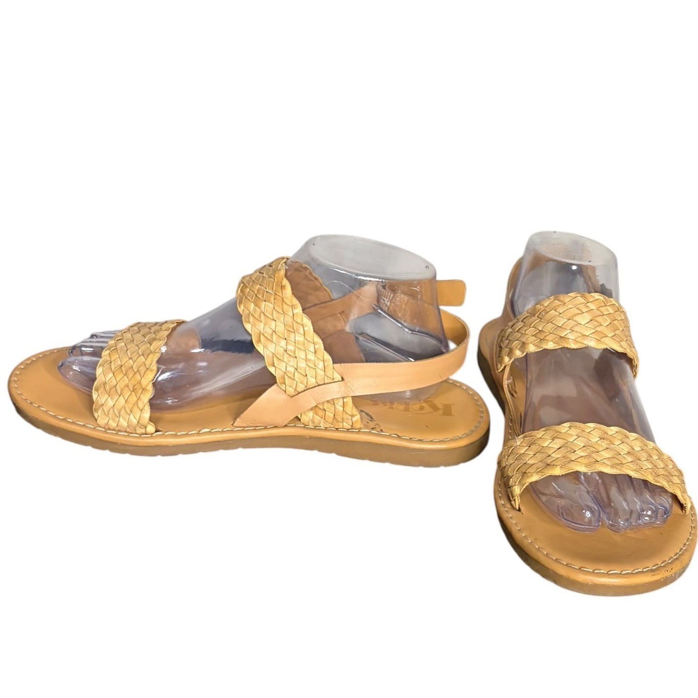 Korks Tan Flat Sandals Woven Straps Buckle Ankle Women’s Size 10