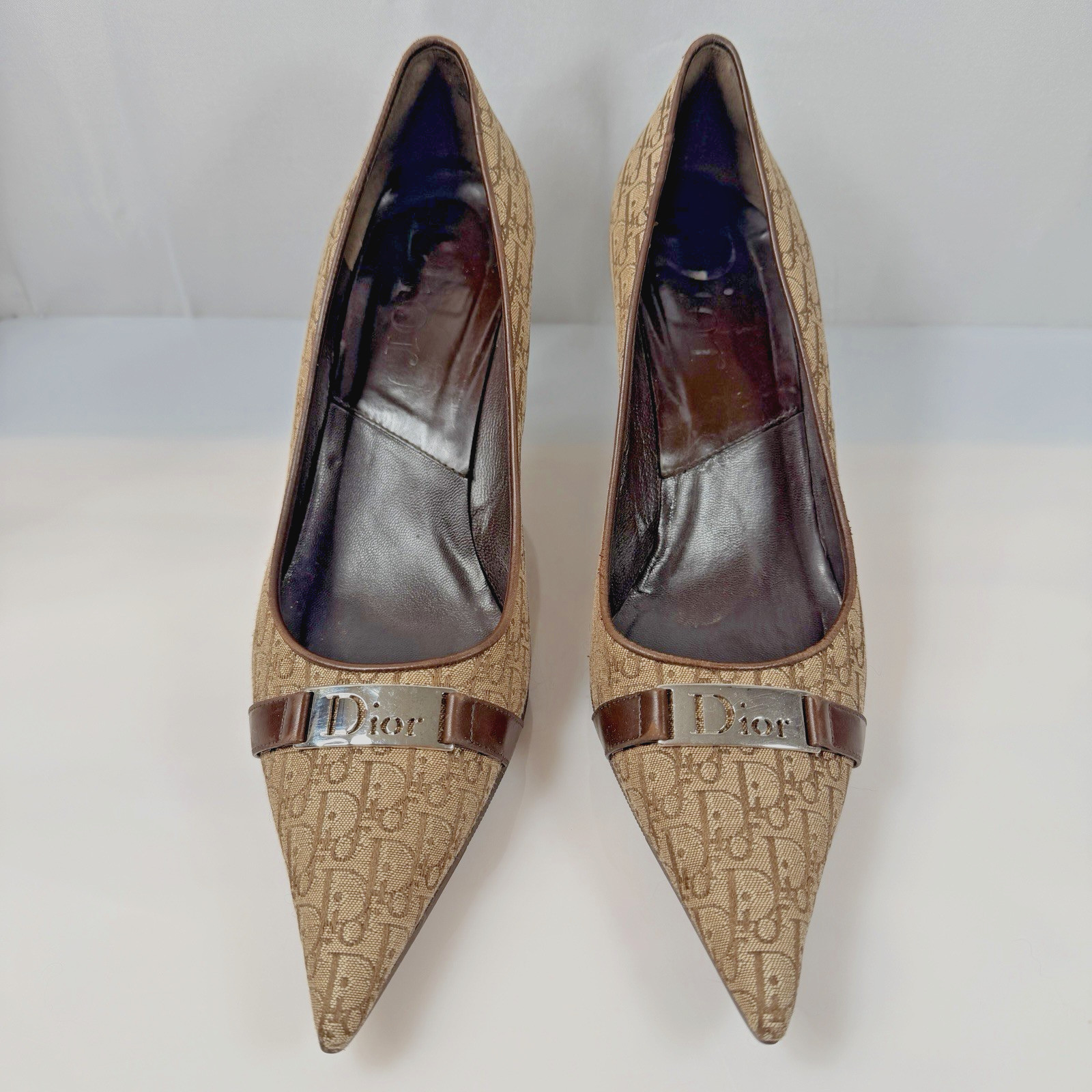Christian Dior High Heel Shoes 2000s Diorissimo Monogram Leather Trim 38.5/7.5
