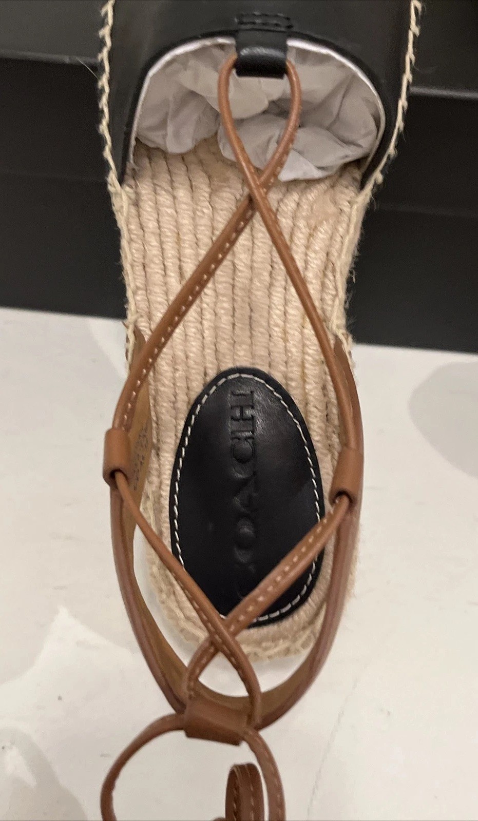 Coach Rita Espadrille Sandals Size 5.5M Black Leather LaceUp Flat Shoes NiB