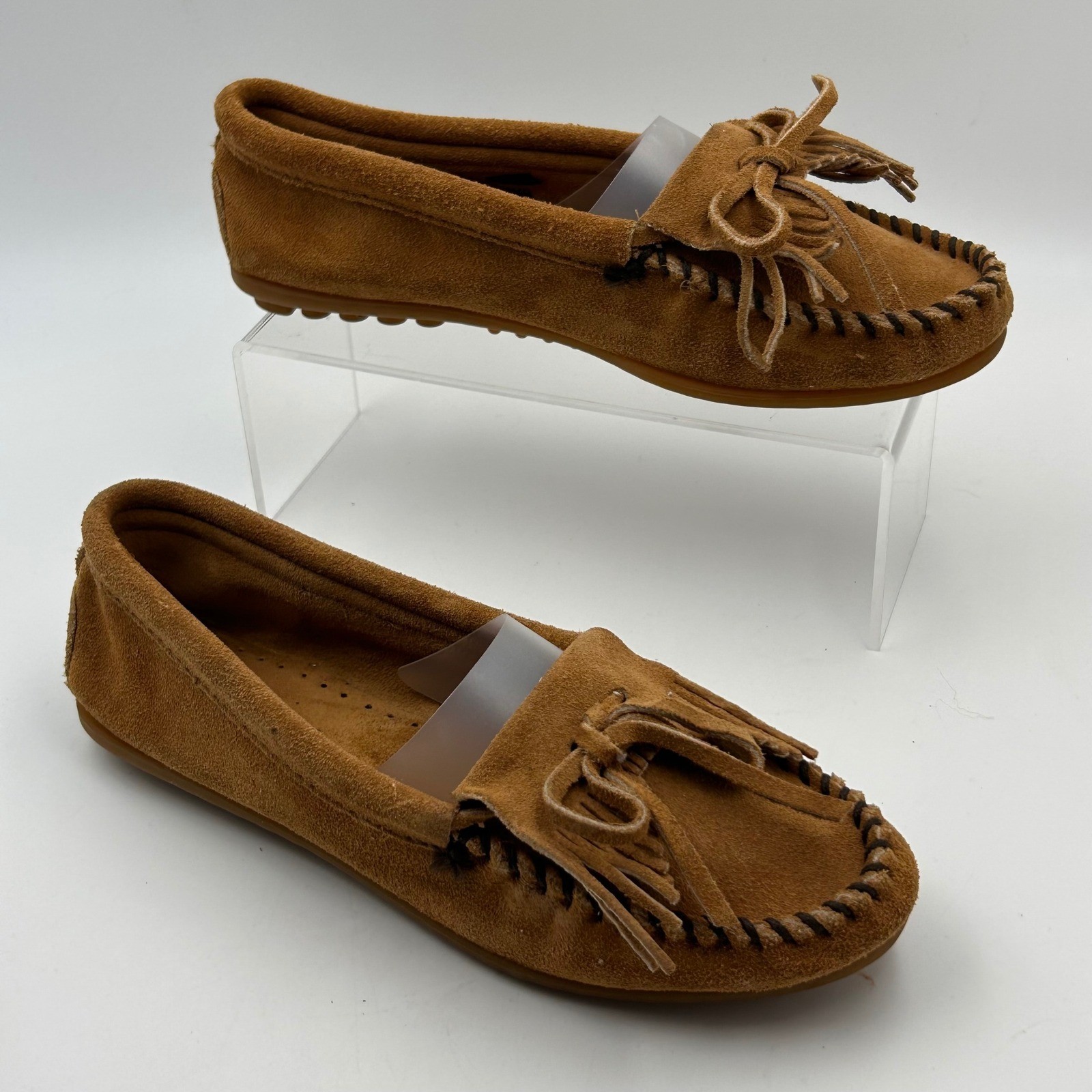 Minnetonka Kilty Moccasin Women 7 Tan Suede Fringe Flat 407T Boho Western Indie