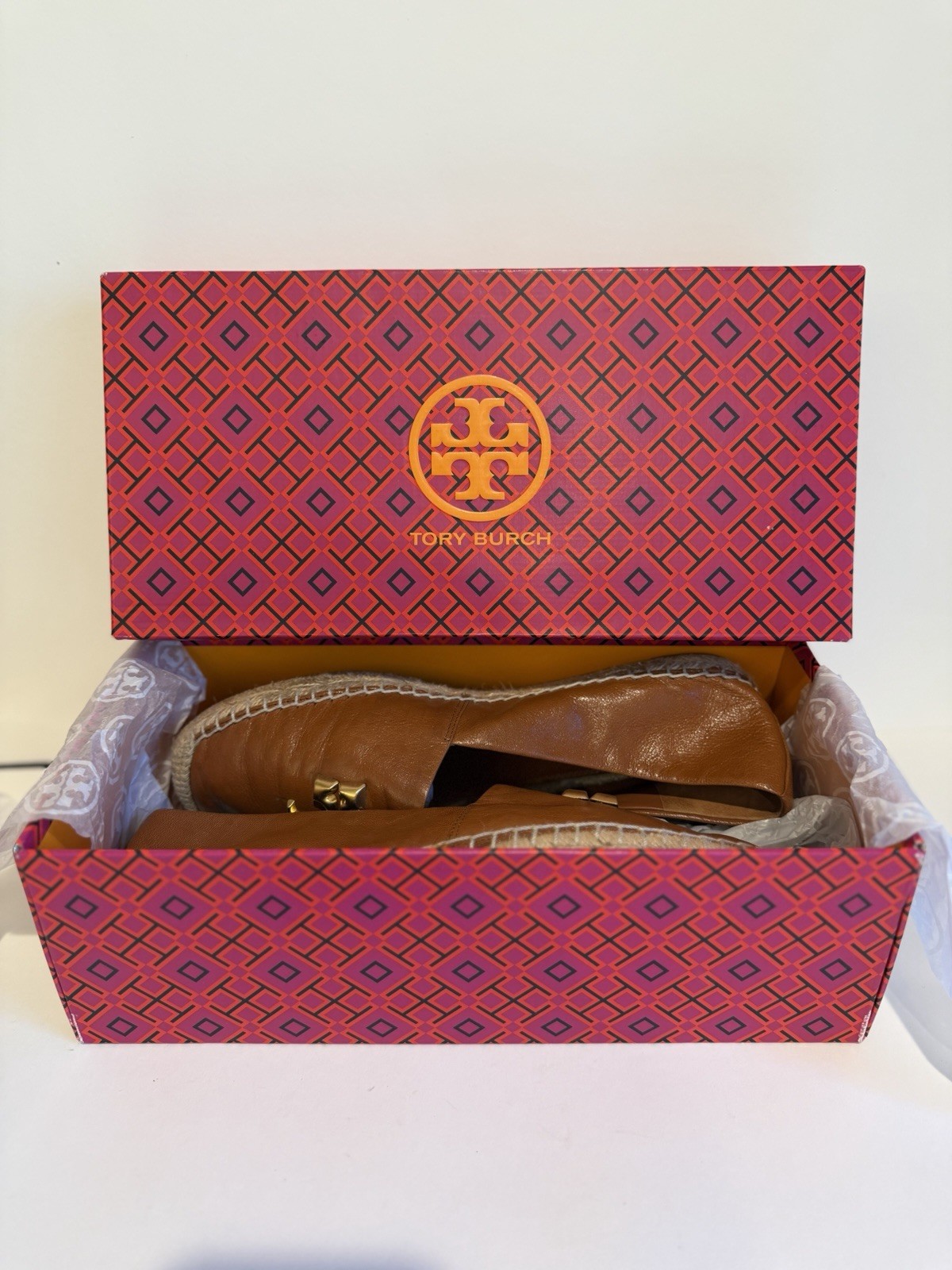 Tory Burch Eleanor Calf Leather Espadrille Flats Bourbon Gold Size 10 Box