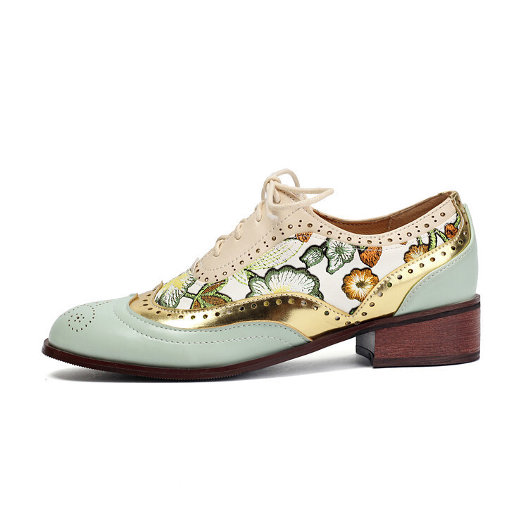 British Carved Womens Wing Tip Lace Up 3.5cm Block Heel Brogue Shoes Floral Size