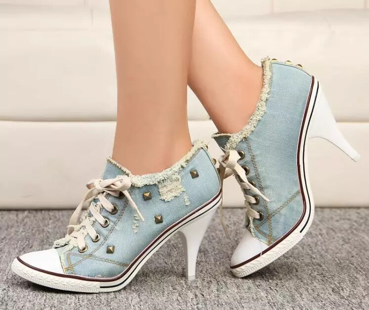 Womens Canvas Shoes Denim High Heels Rivets Shoes Pointy Toe Sneakers Pumps New