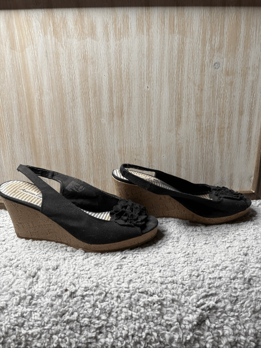 American Eagle Black Cork Wedge Slingback Peep Toe Sandals Size 11