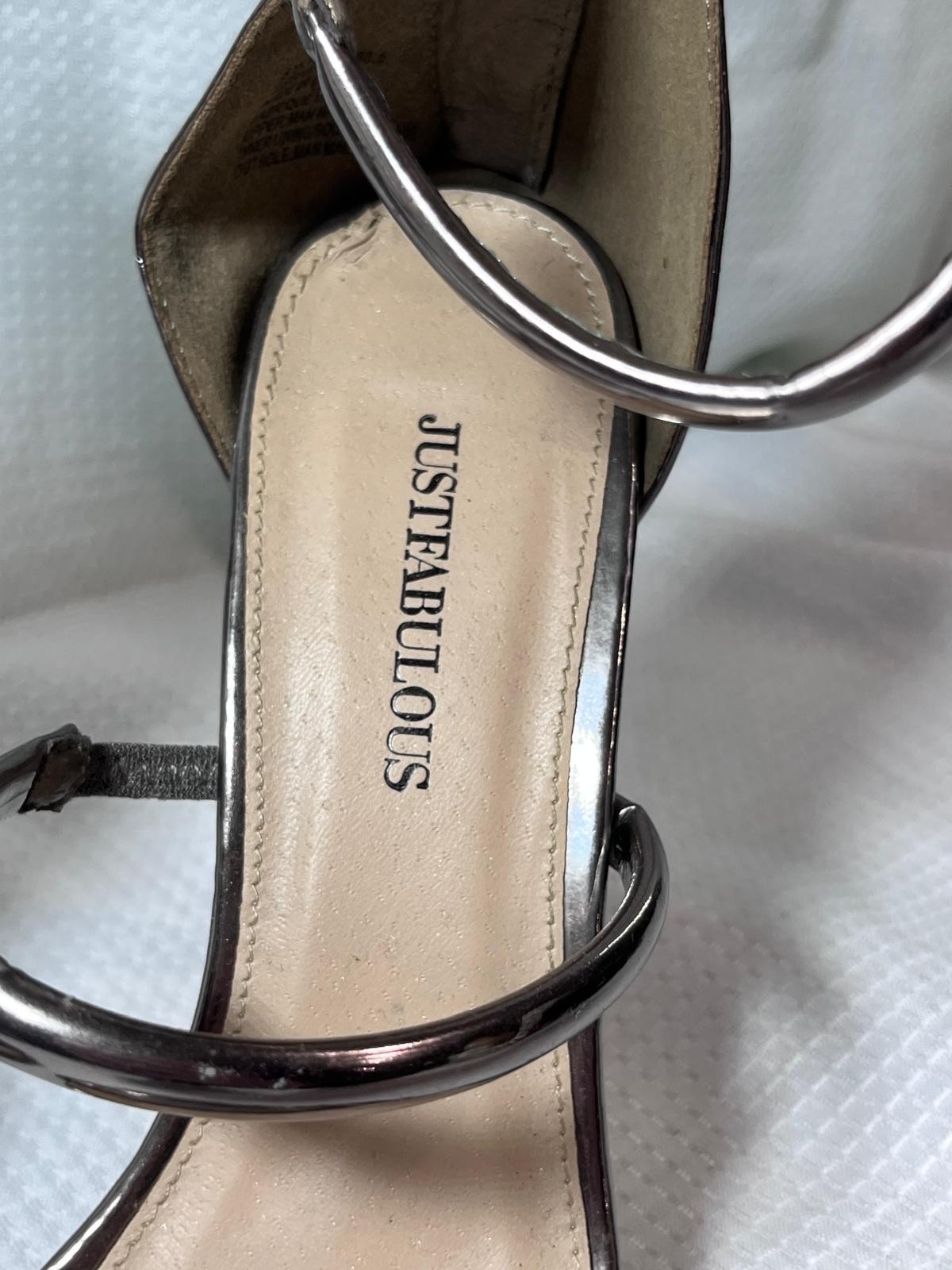 JustFab Sylvana Gunmetal Metallic Ankle Strap Stiletto Heels Sandals