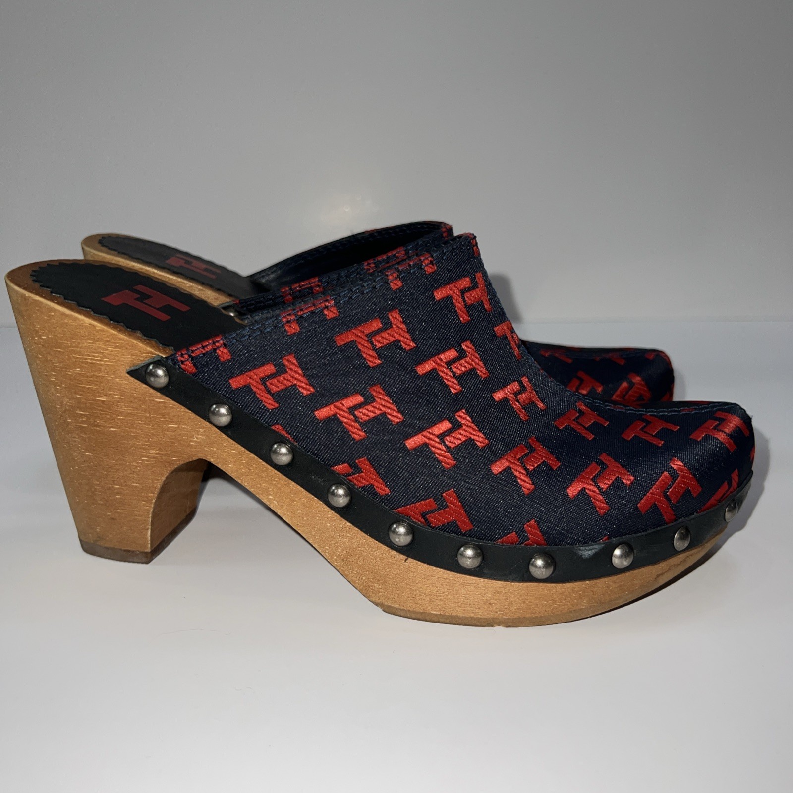 Vintage Tommy Hilfiger TH Monogram Canvas Wood Clog Mules Y2K Womens 5M Brazil