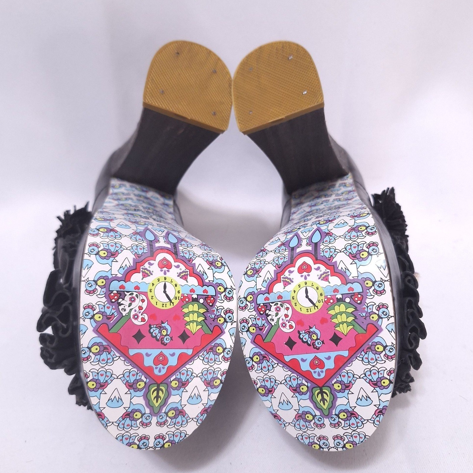 Irregular Choice Pertrisha Leather Floral Ruffle Platform Heels Womens 6.5 Black
