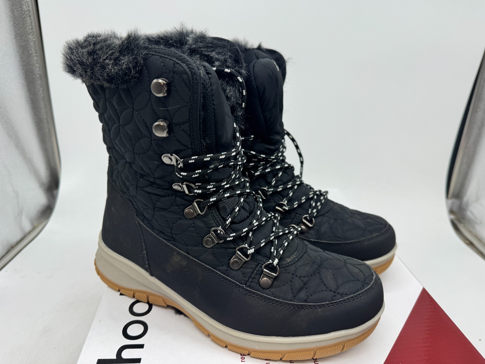 Chooka Belltown Winter Boots Women’s Black Round Toe Insulated Mid Faux Fur – 8