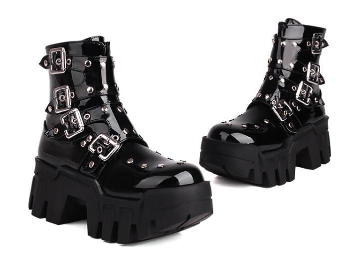 Rivets Ankle Boots Mid Heel Studded Gothic Thick Sole Womens Platform Shoes Punk