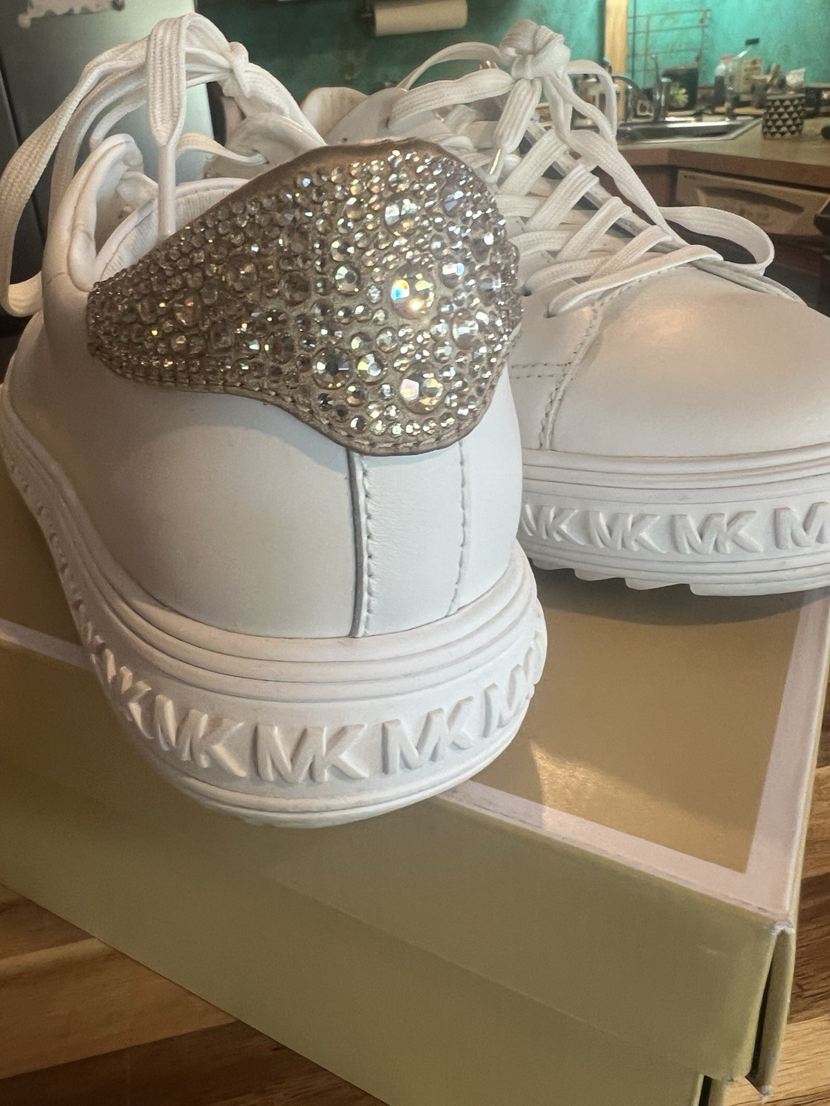 Michael Kors Grove Lace Up Women’s White/Gold Leather Rhinestone Low Top Sneaker
