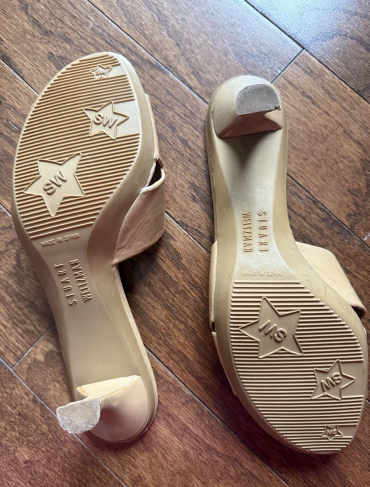 Stuart Weitzman Women’s Beige Leather Bow Slip-On Open Toe Heels 7