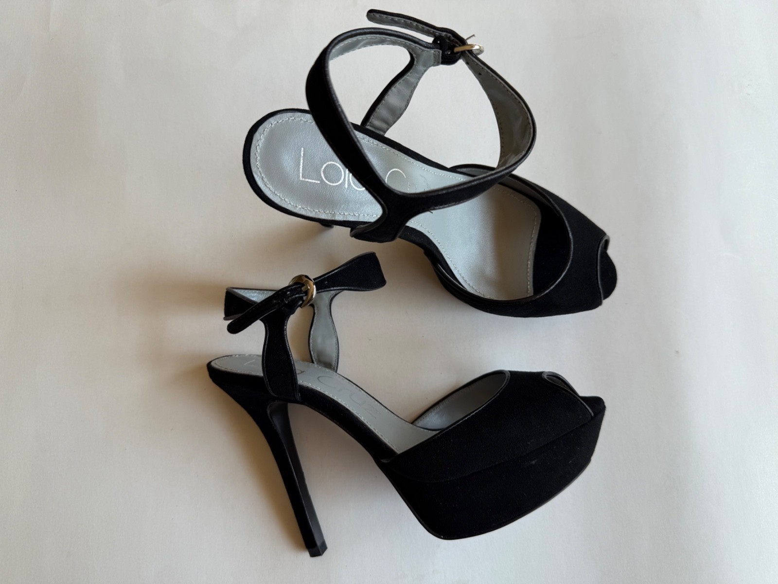 Lola Cruz España Platform High Heels Ankle Strap Black Suede Peep Toe Sz EUR 37