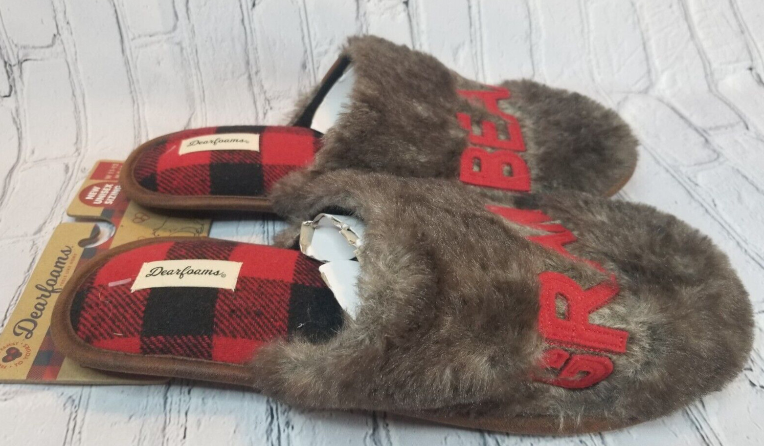 Dearfoams Grand Bear Slippers Unisex Faux Fur Red Blk Buffalo Check W11-12 M9-10