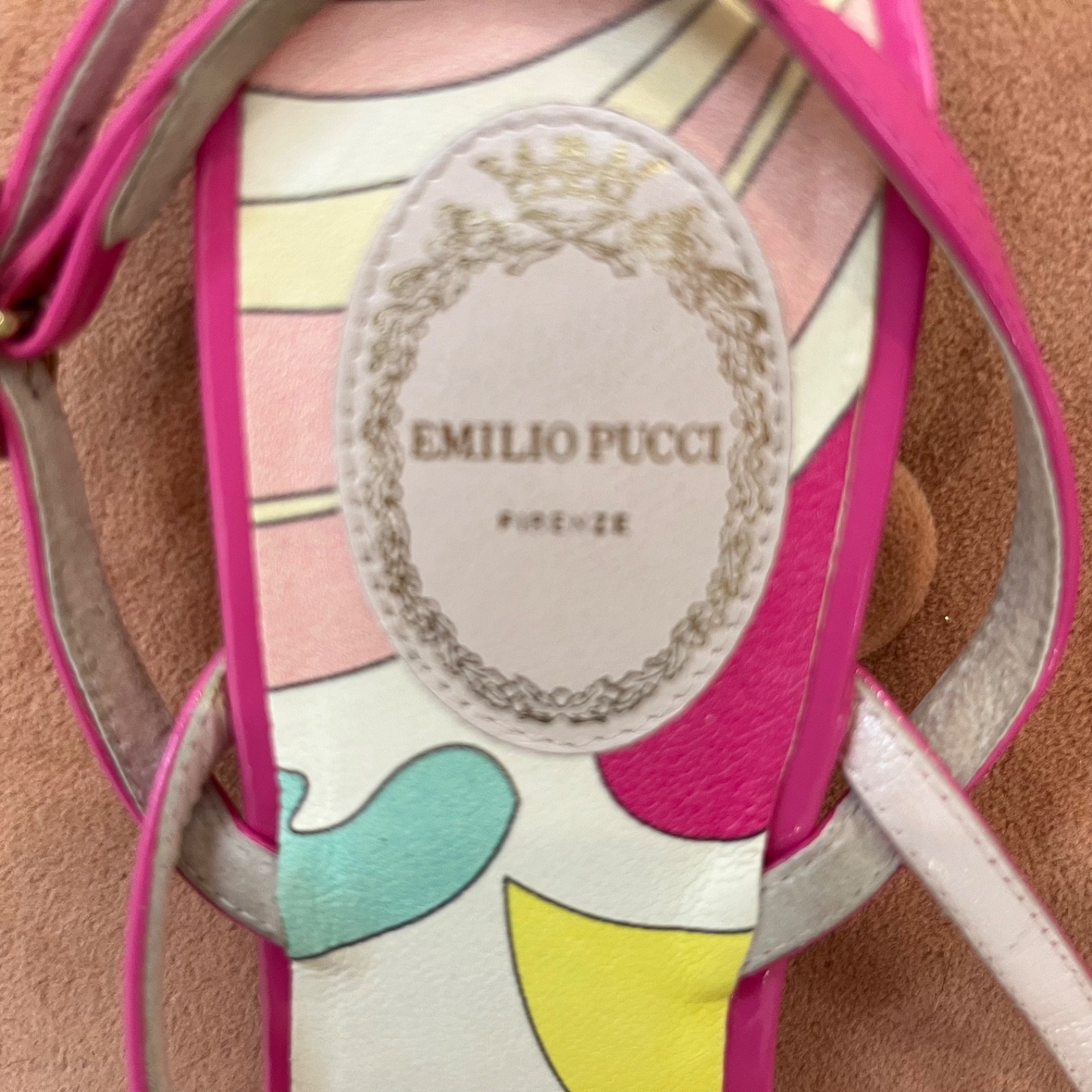 Emilio Pucci Leather Sandals Flats W Dust Bag Pink Green Logo Medallion- Size 37