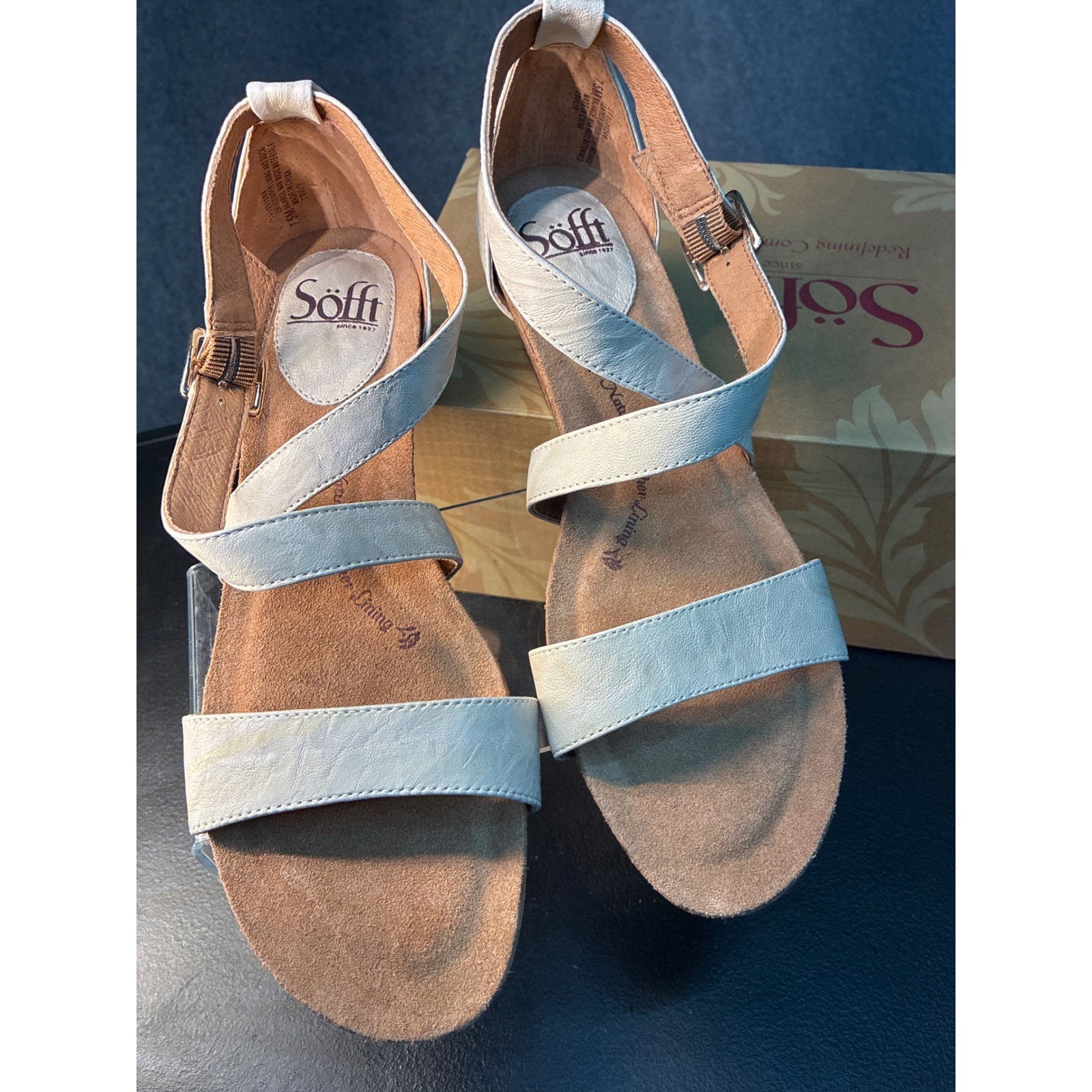 Sofft Valeryn Light Grey Leather Wedge Sandals Multi Strap Buckle NWOT 7.5M
