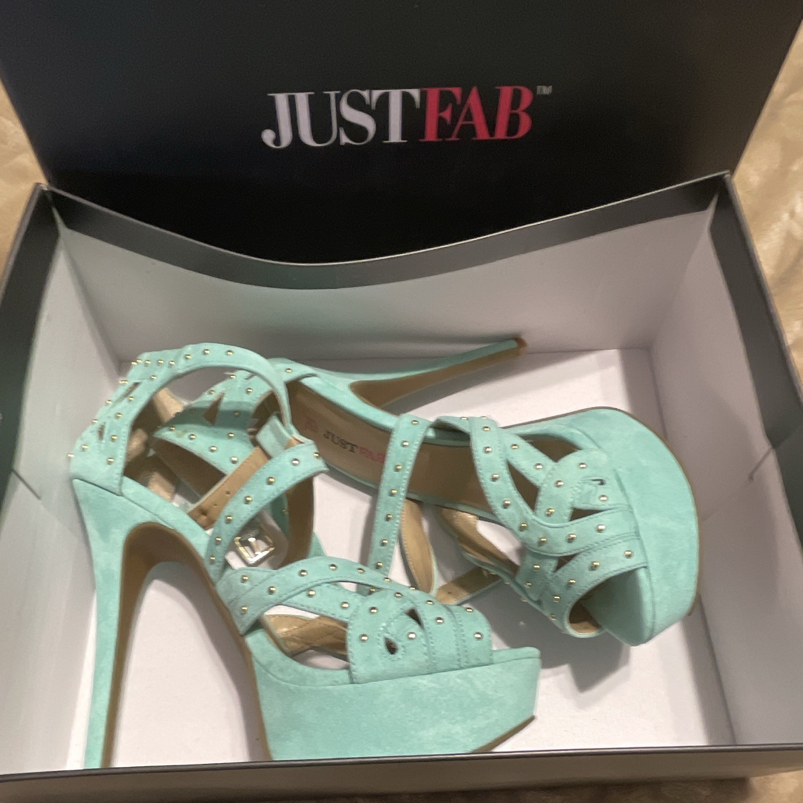 JustFab Mint (teal) Studded Ankle Strap Open Toe Platform Stiletto Heels 7