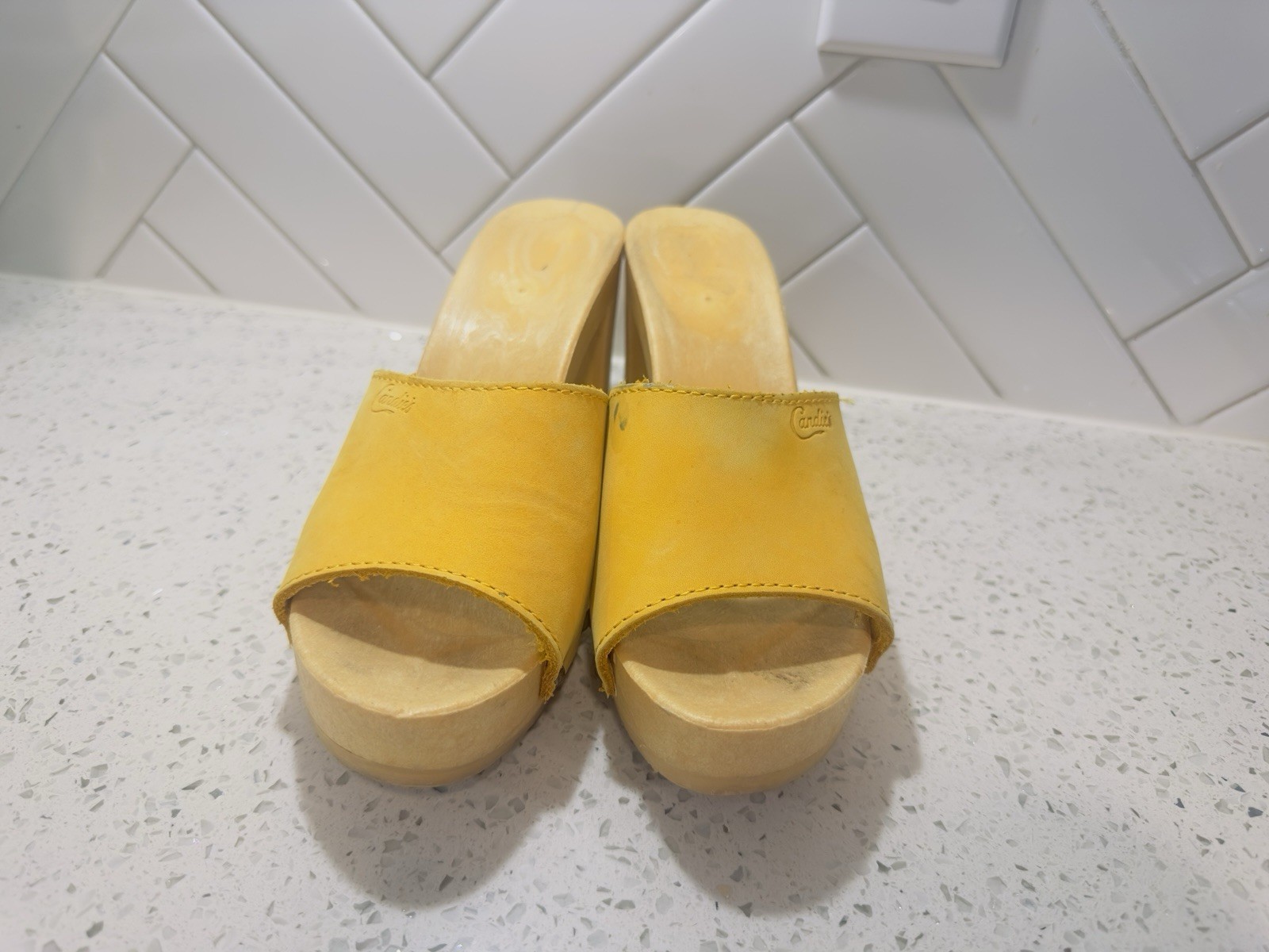 Vintage 1980s Candies Original Sandals High Heels Slides Yellow Golden 8 / 39