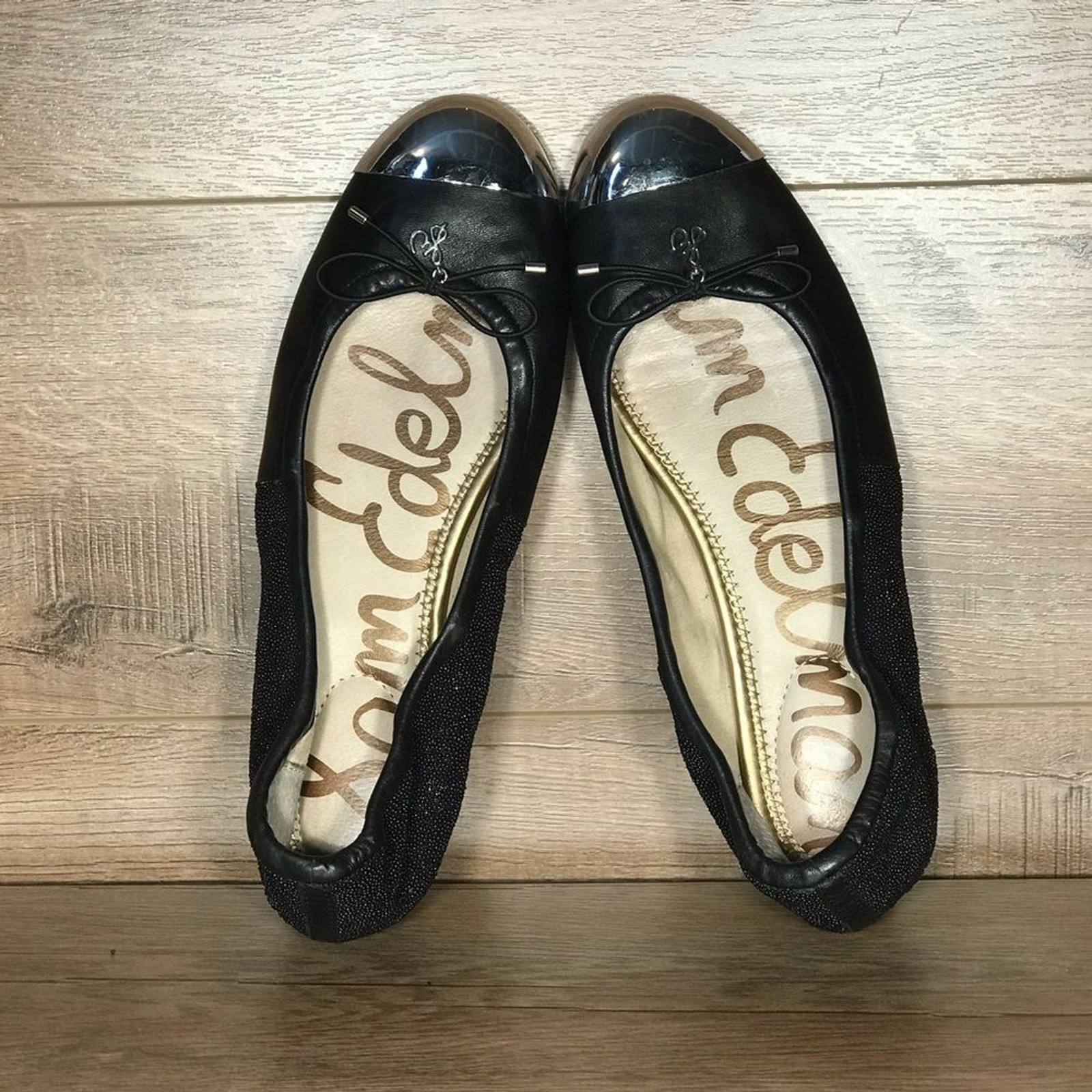 Sam Edelman Black Ballet Flats Womens 7.5 M Chrome Cap Toe Slip On Casual Travel