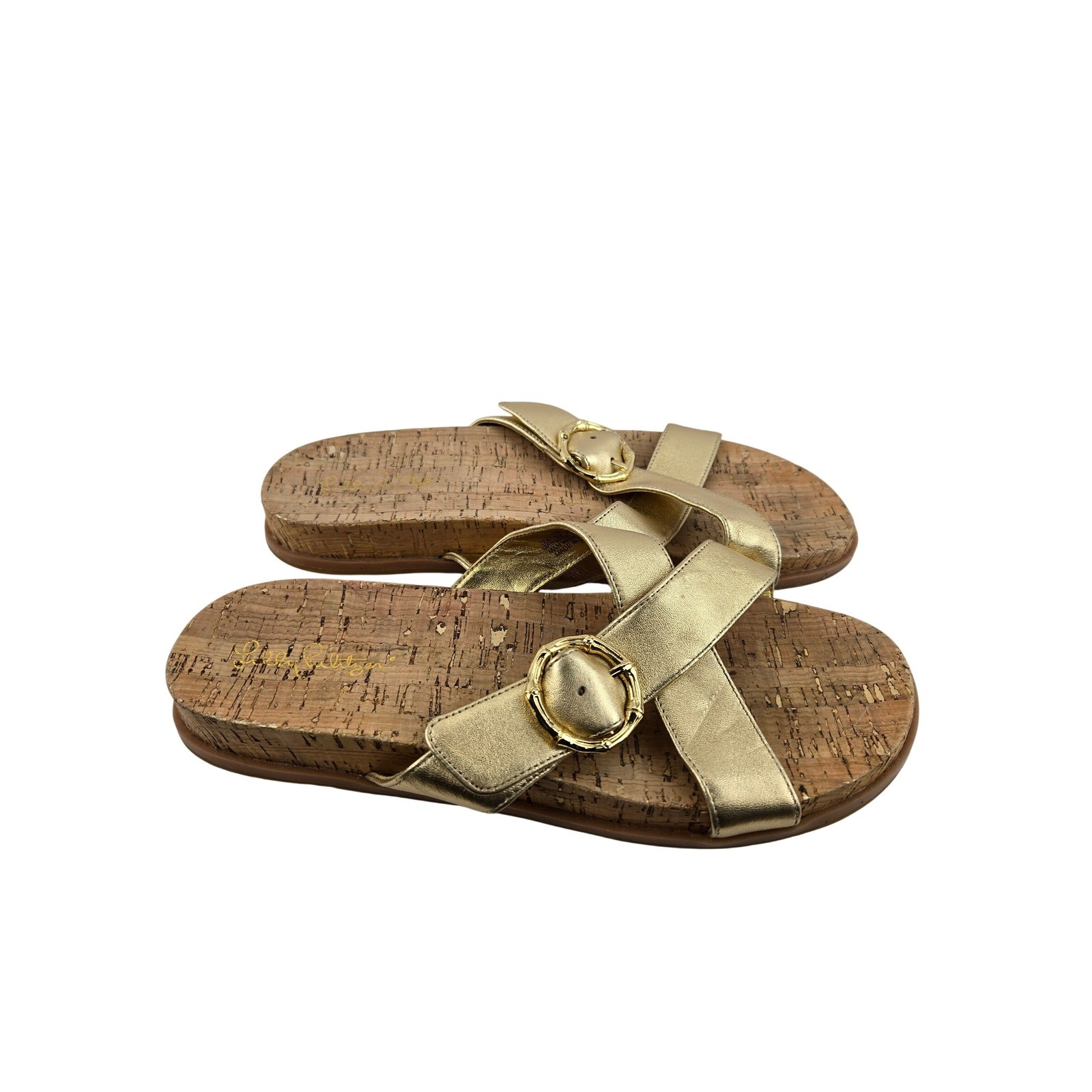Lilly Pulitzer Bayshore Gold Metallic Leather Cork Slide Sandals Buckle 10 M