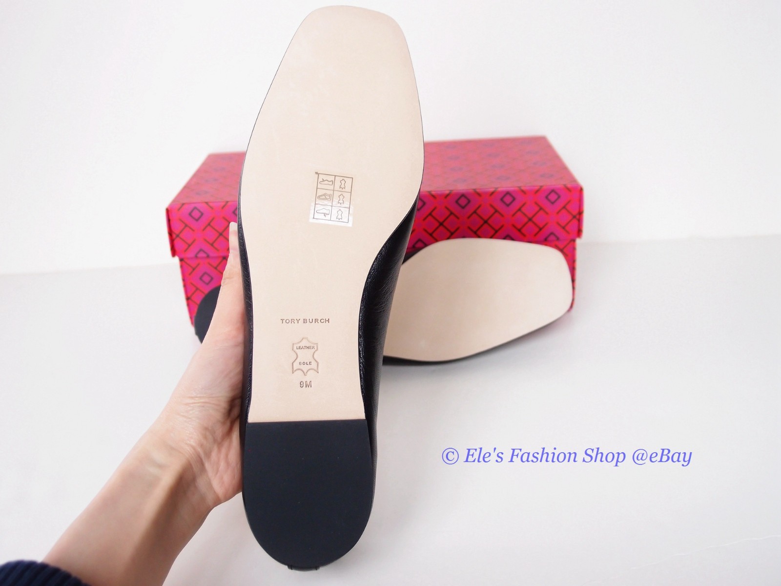 NIB Tory Burch Eleanor Ballet Leather Flat BLACK Gold US 8 8.5 9 AUTHENTIC
