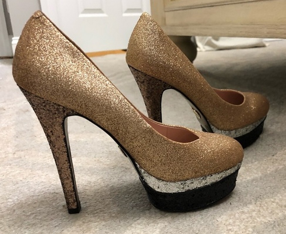 Betsey Johnson Sz 8.5 Seann Gold Silver Black Sparkle Glitter Platform High Heel