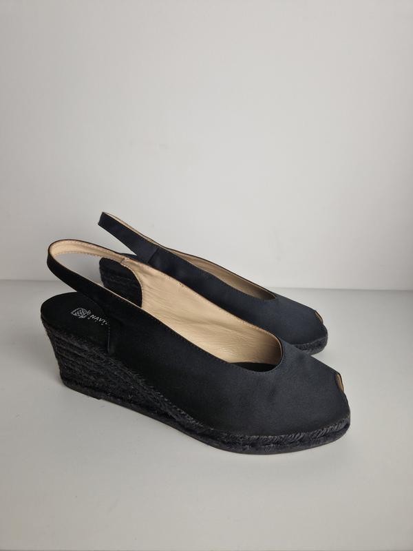 Vintage 2000s Navyboot Black Satin Espadrille Wedge Sandals Slingback Platform