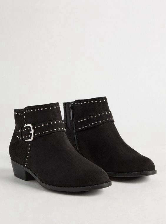 Torrid Black Buckle Ankle Studded Bootie 8 (WW) NWOB Side Zipper Faux Suede