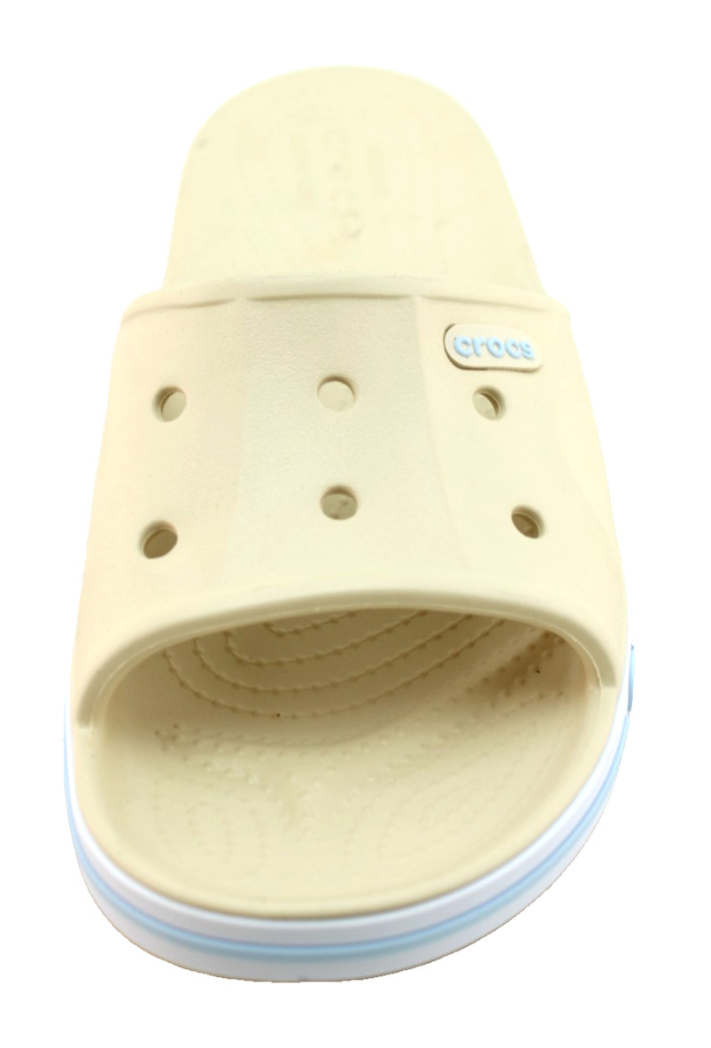 New CROCS Women’s 7 Bayaband Vanilla Cream /Blue Raised Crocs Logo Slide Sandals