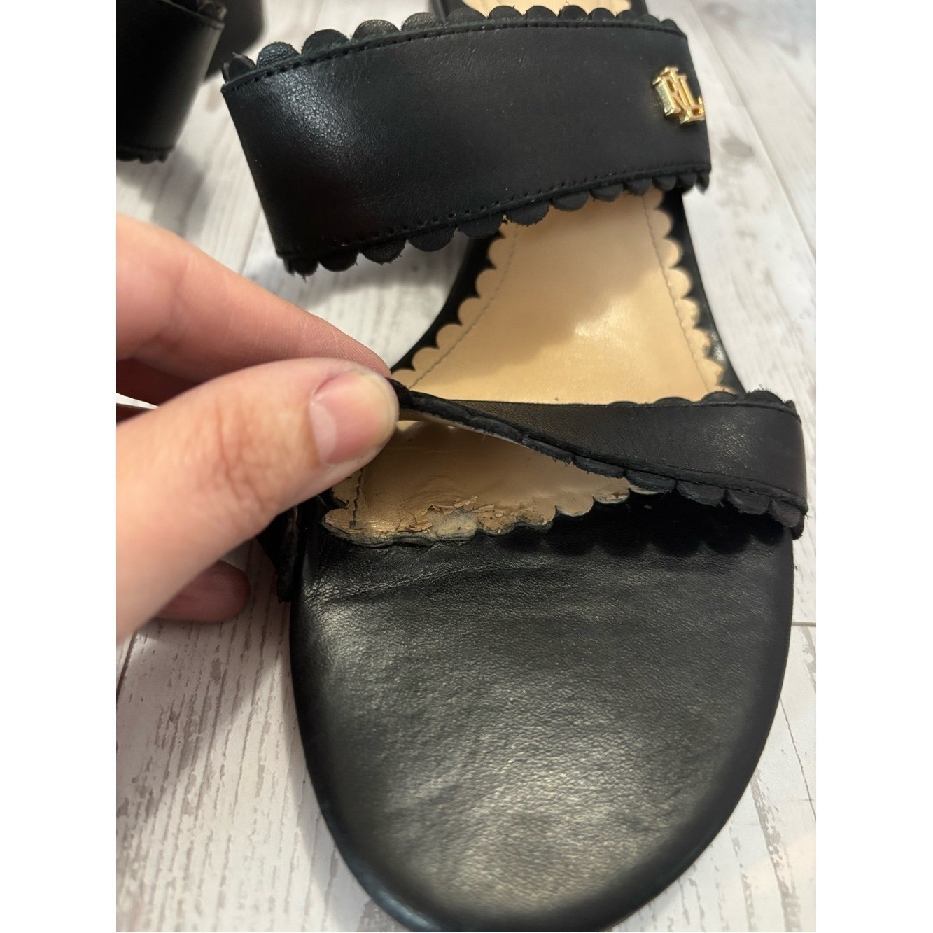 Ralph Lauren Black Scalloped Two-Band Block Heel Mules Size 6.5 Quiet Luxury