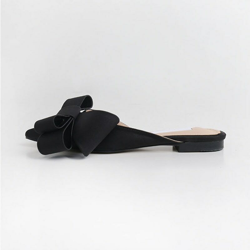 Women’s Silk Satin Pointed Bow Tie Slippers Flat Heel Sets Semi Slippers Shoes